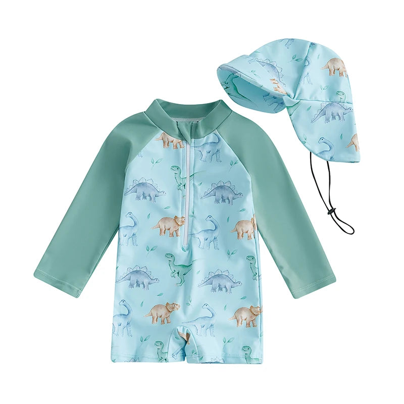 Crianças meninos verão roupa de banho casual dinossauro/criatura do mar impressão zíper rash guard maiô e chapéu beachwear maiô