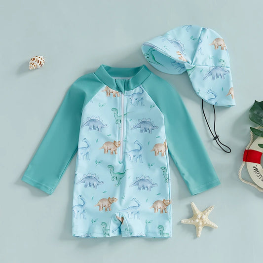 Crianças meninos verão roupa de banho casual dinossauro/criatura do mar impressão zíper rash guard maiô e chapéu beachwear maiô