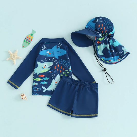 Roupa de banho para meninos de 0 a 5 anos, roupa de banho com estampa de peixe, manga comprida, tops com zíper + shorts + chapéus de balde, roupa de praia para crianças