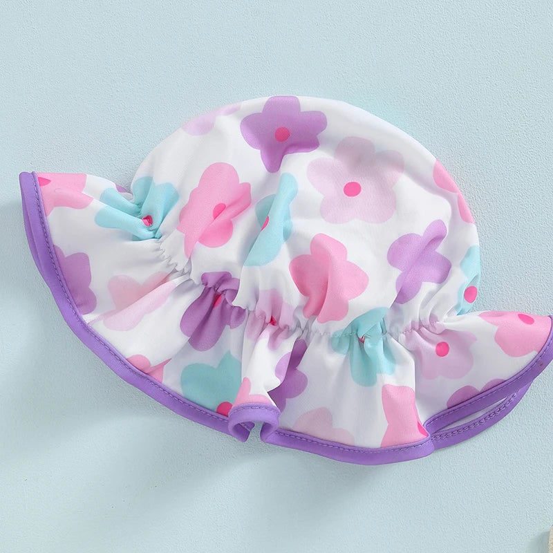 Fatos de banho estampa floral para bebês, moda praia com zíper e chapéu de sol, conjunto de 2 peças para criança, verão