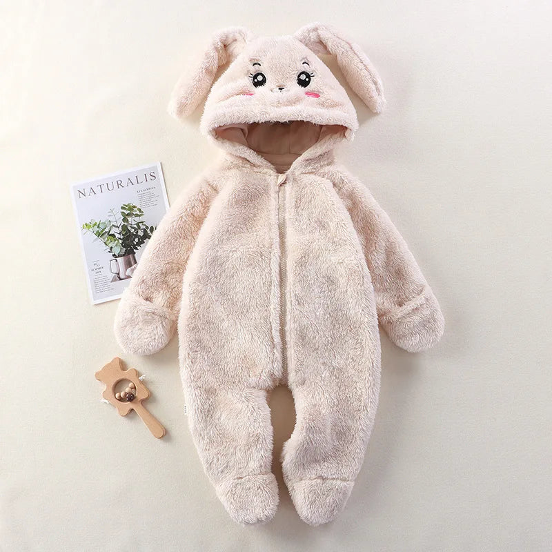 Macacão de inverno para bebês de 0 a 12 meses, urso de desenho animado, panda, infantil, meninas, macacão com capuz, pele doce, acolchoada, peça única