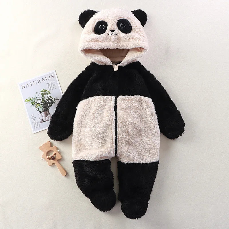 Macacão de inverno para bebês de 0 a 12 meses, urso de desenho animado, panda, infantil, meninas, macacão com capuz, pele doce, acolchoada, peça única