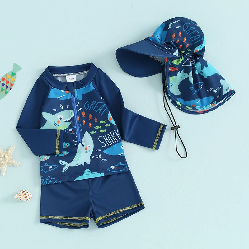 Roupa de banho para meninos de 0 a 5 anos, roupa de banho com estampa de peixe, manga comprida, tops com zíper + shorts + chapéus de balde, roupa de praia para crianças