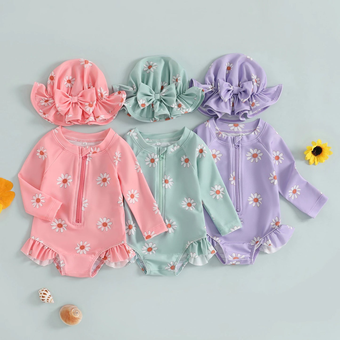 Maiô para bebês meninas, biquíni com zíper e estampa de flores de manga comprida com chapéu, roupa de banho para recém-nascidos para banho de verão