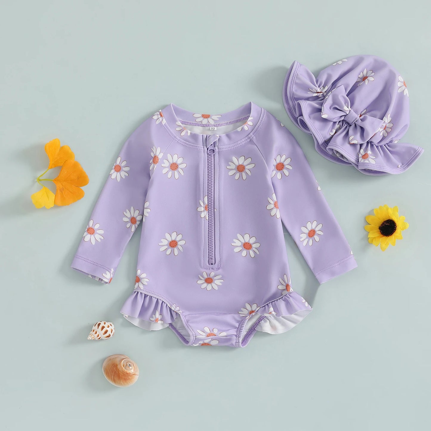 Maiô para bebês meninas, biquíni com zíper e estampa de flores de manga comprida com chapéu, roupa de banho para recém-nascidos para banho de verão