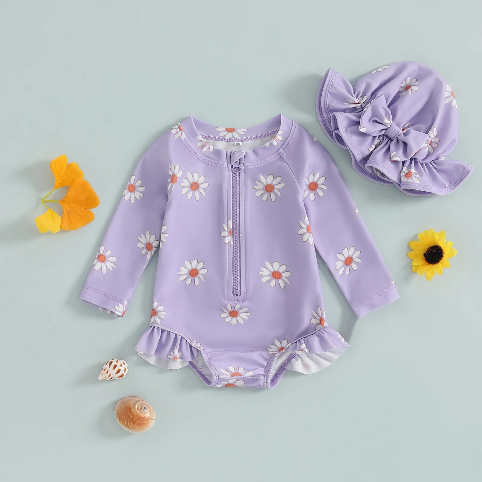 Maiô para bebês meninas, biquíni com zíper e estampa de flores de manga comprida com chapéu, roupa de banho para recém-nascidos para banho de verão