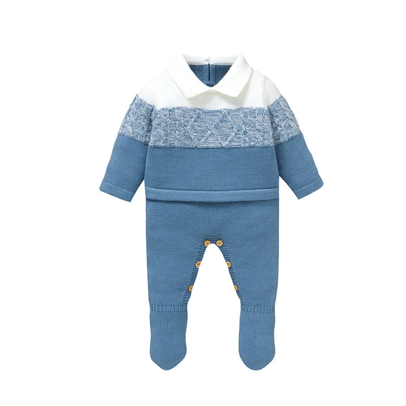 Textura macia inverno bebê meninos macacão 0-18m recém-nascido infantil outono inverno turn-down colarinho manga longa malha bodysuit macacão