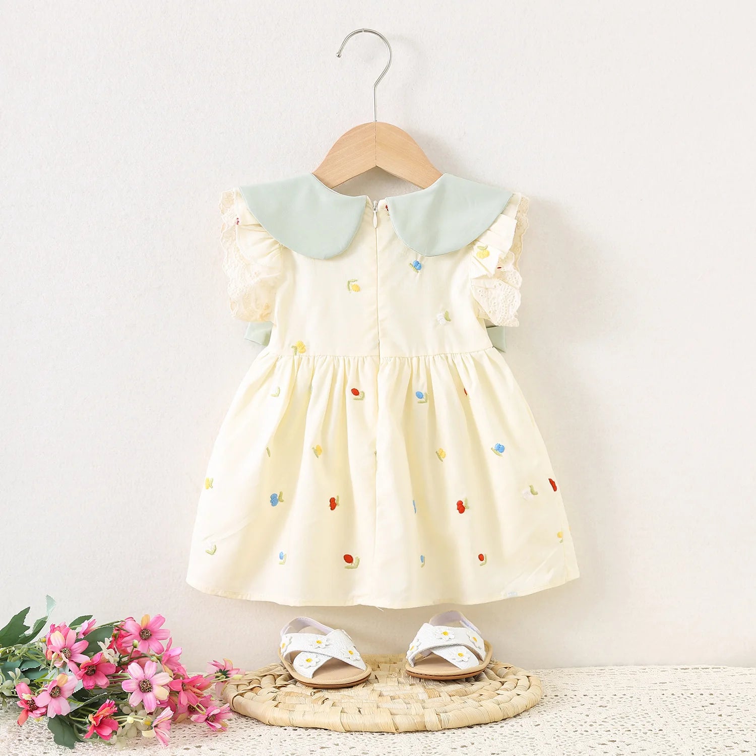 Roupas de bebê menina verão arco e padrão floral boneca pescoço simples suave vestidos de bebê bonito casual menina vestido infantil