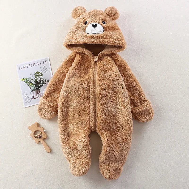 Macacão de inverno para bebês de 0 a 12 meses, urso de desenho animado, panda, infantil, meninas, macacão com capuz, pele doce, acolchoada, peça única