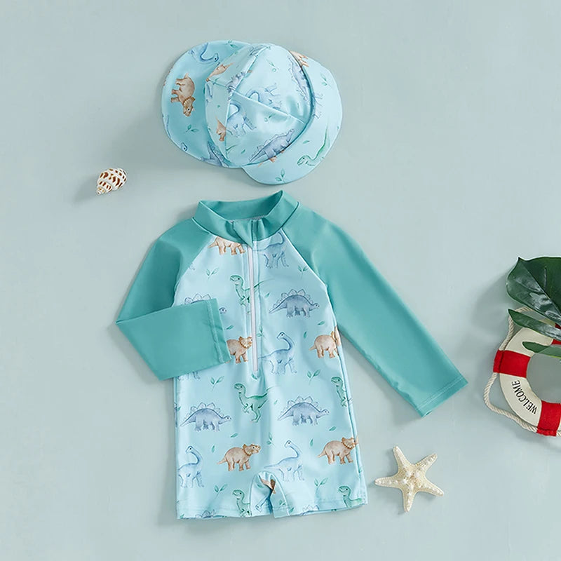 Crianças meninos verão roupa de banho casual dinossauro/criatura do mar impressão zíper rash guard maiô e chapéu beachwear maiô