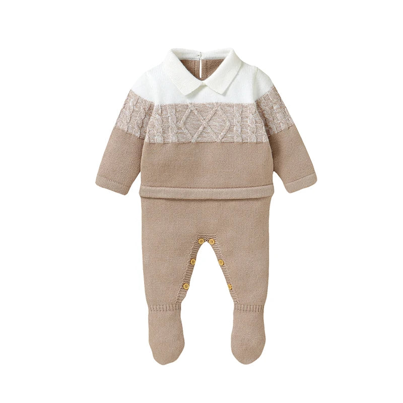 Textura macia inverno bebê meninos macacão 0-18m recém-nascido infantil outono inverno turn-down colarinho manga longa malha bodysuit macacão