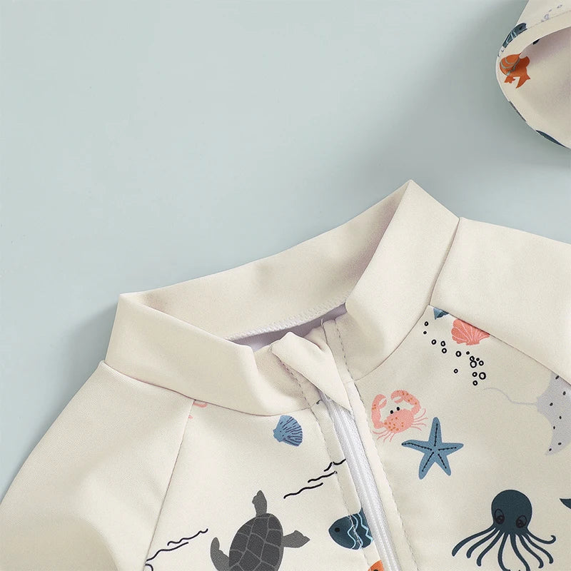 Tregren 0-3y crianças meninos manga longa roupa de banho casual animal marinho impressão zíper rash guard maiô e chapéu beachwear maiô