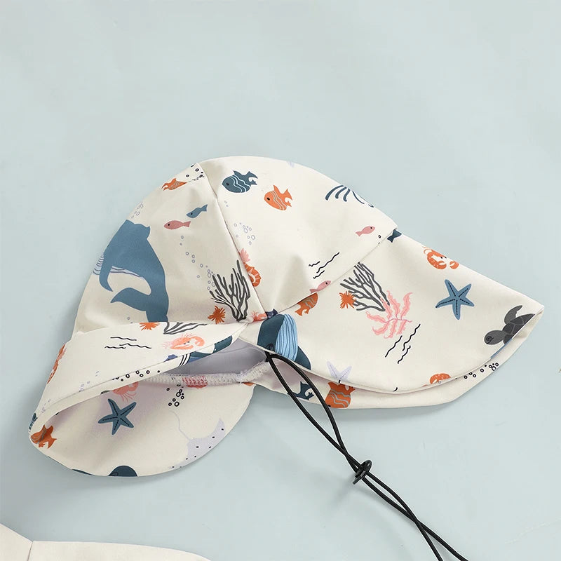 Tregren 0-3y crianças meninos manga longa roupa de banho casual animal marinho impressão zíper rash guard maiô e chapéu beachwear maiô