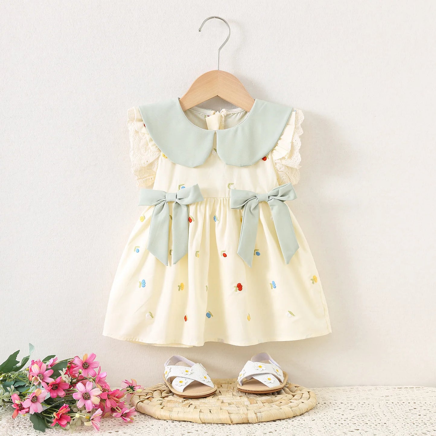 Roupas de bebê menina verão arco e padrão floral boneca pescoço simples suave vestidos de bebê bonito casual menina vestido infantil