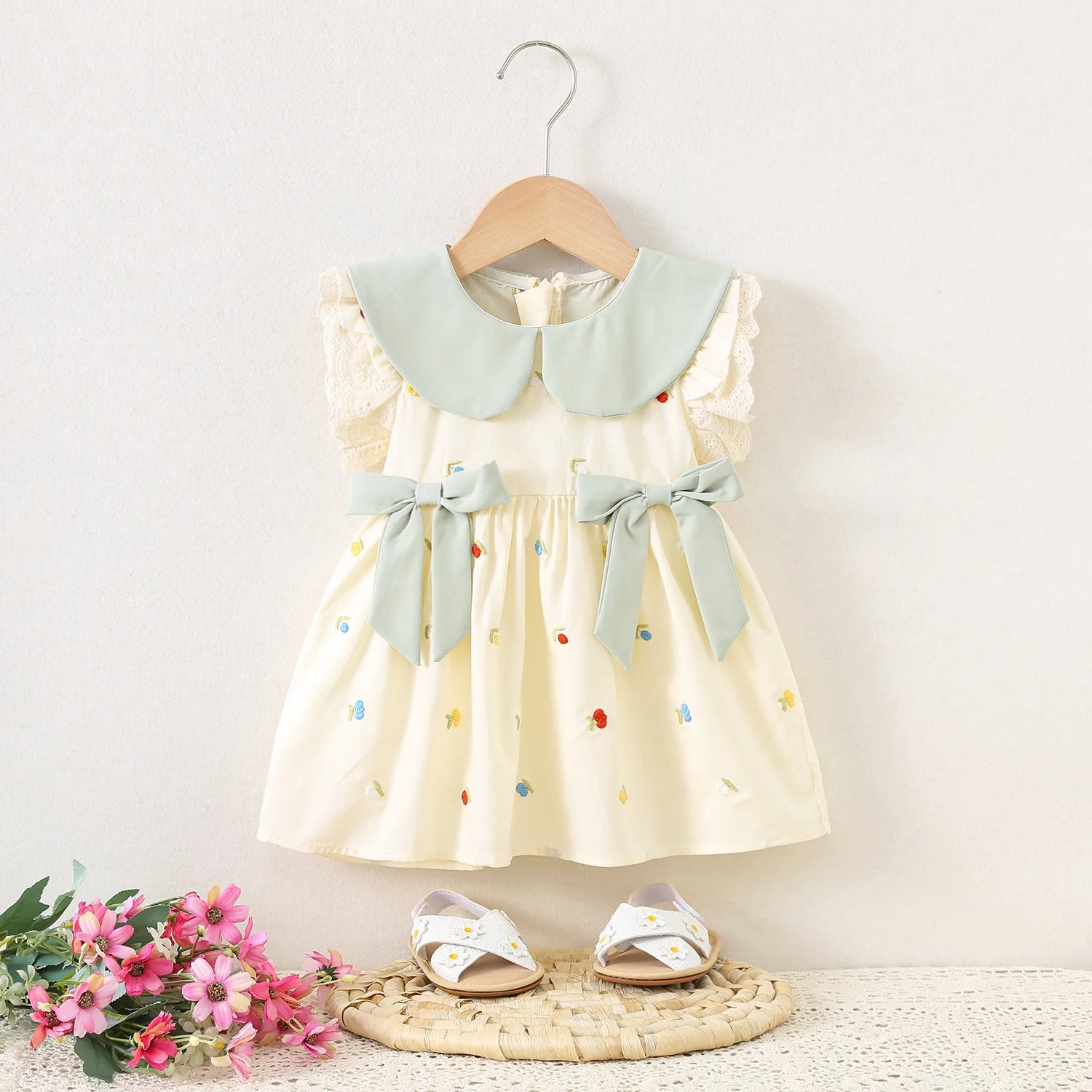 Roupas de bebê menina verão arco e padrão floral boneca pescoço simples suave vestidos de bebê bonito casual menina vestido infantil