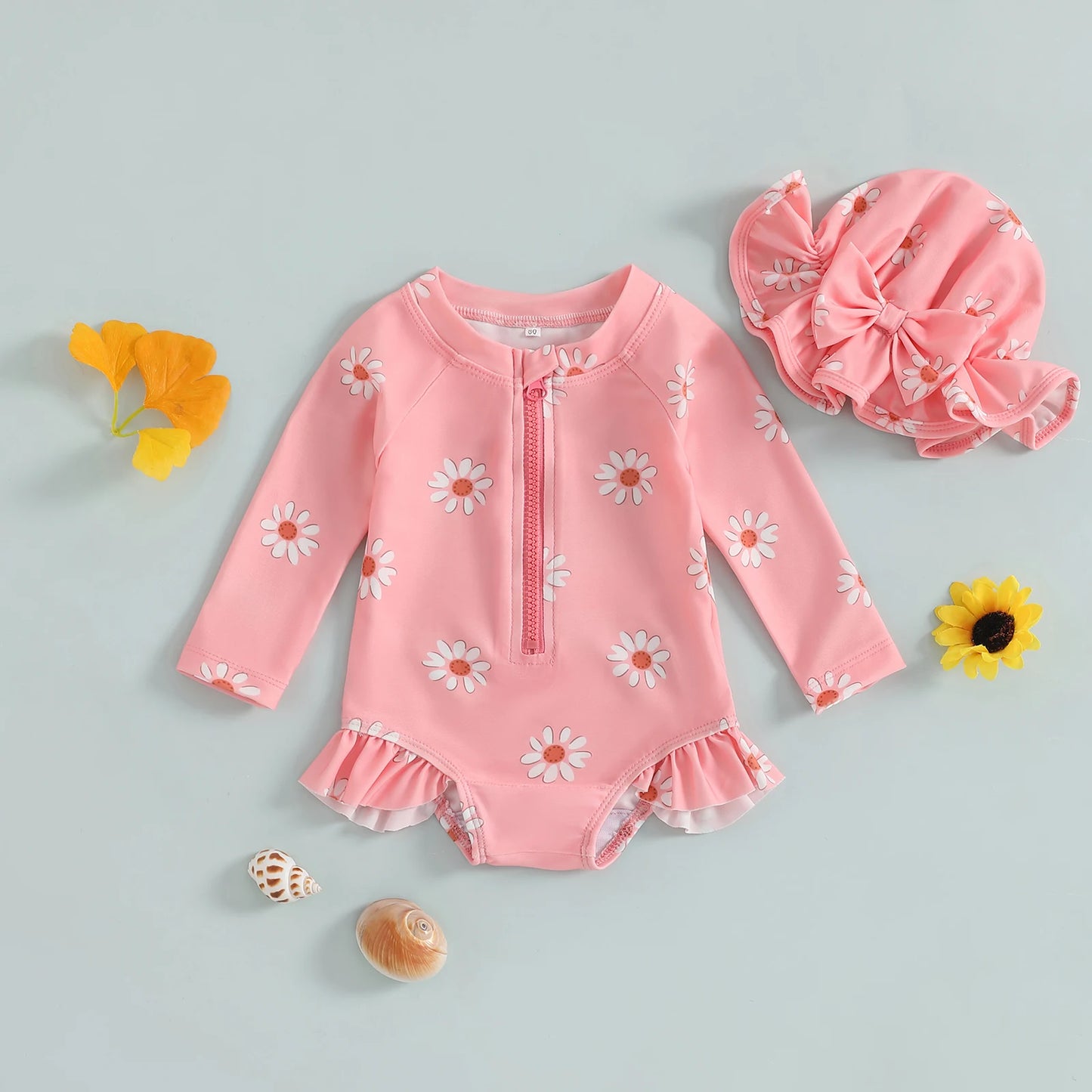 Maiô para bebês meninas, biquíni com zíper e estampa de flores de manga comprida com chapéu, roupa de banho para recém-nascidos para banho de verão