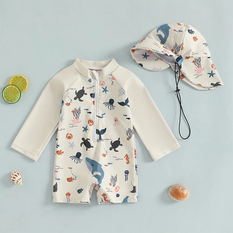 Tregren 0-3y crianças meninos manga longa roupa de banho casual animal marinho impressão zíper rash guard maiô e chapéu beachwear maiô