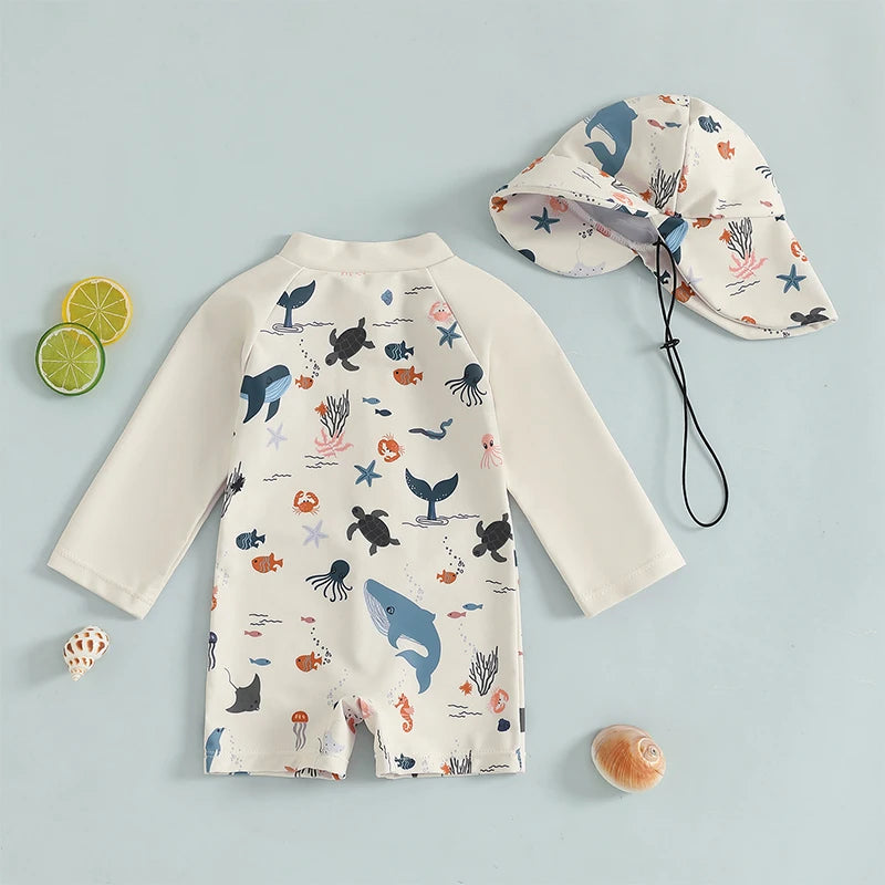 Tregren 0-3y crianças meninos manga longa roupa de banho casual animal marinho impressão zíper rash guard maiô e chapéu beachwear maiô
