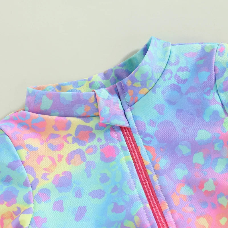 Maiô manga comprida com peixe escala impressão para a menina, maiô floral com zíper e plissado, roupa de praia, 1 peça