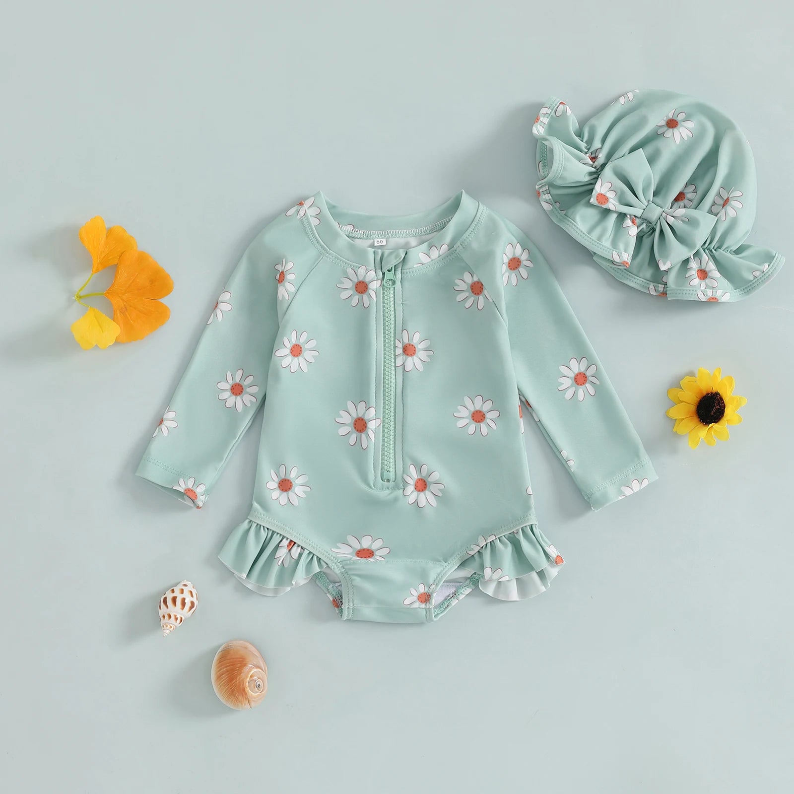 Maiô para bebês meninas, biquíni com zíper e estampa de flores de manga comprida com chapéu, roupa de banho para recém-nascidos para banho de verão