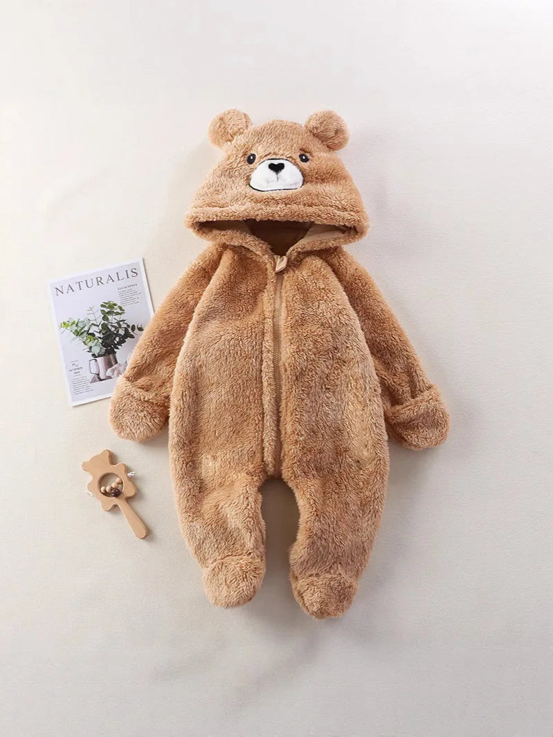 Macacão de inverno para bebês de 0 a 12 meses, urso de desenho animado, panda, infantil, meninas, macacão com capuz, pele doce, acolchoada, peça única