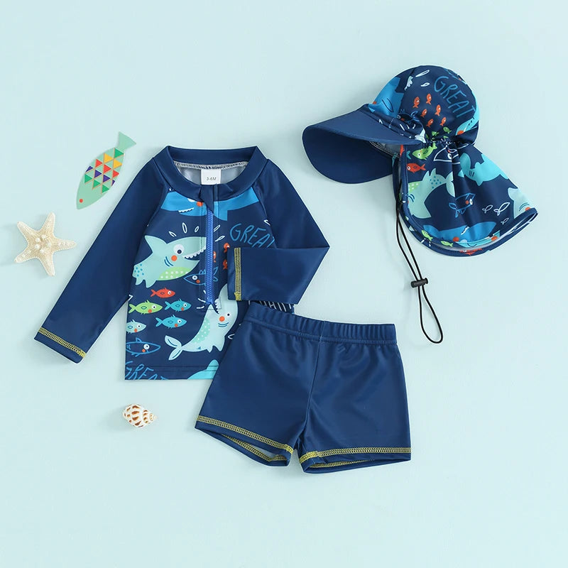 Roupa de banho para meninos de 0 a 5 anos, roupa de banho com estampa de peixe, manga comprida, tops com zíper + shorts + chapéus de balde, roupa de praia para crianças