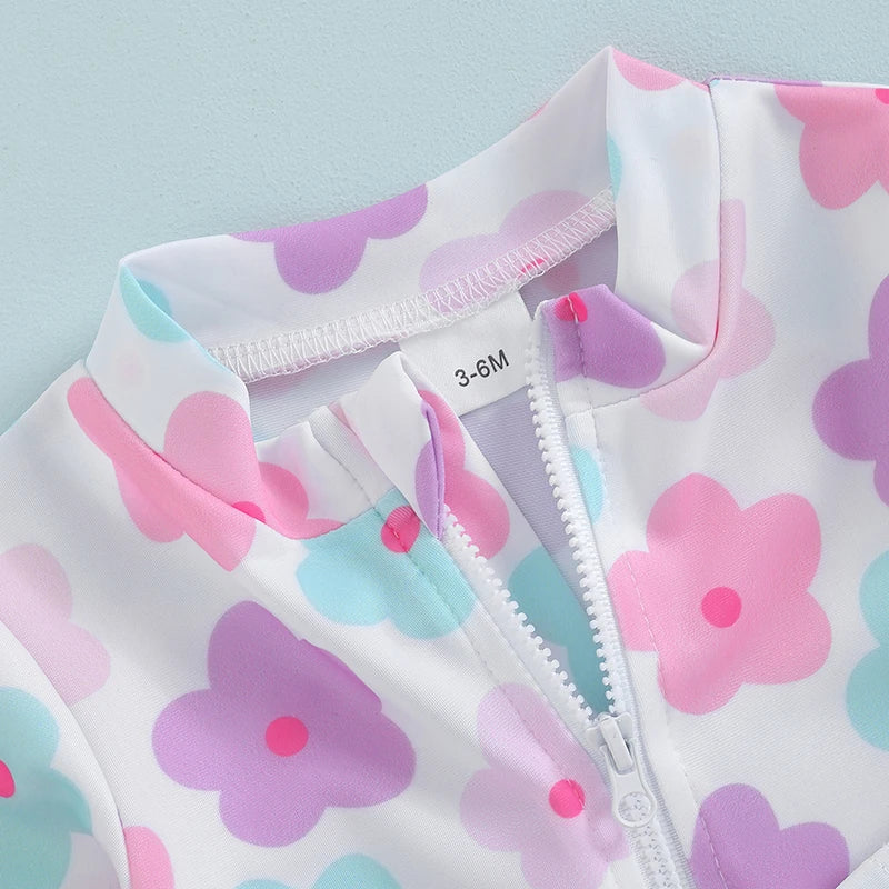 Fatos de banho estampa floral para bebês, moda praia com zíper e chapéu de sol, conjunto de 2 peças para criança, verão