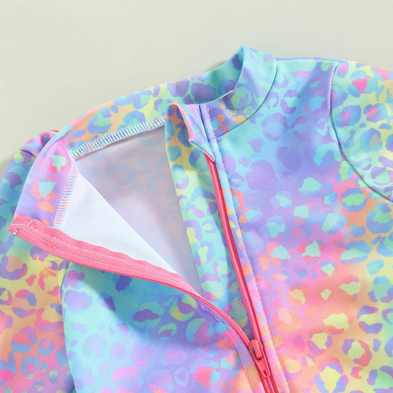 Maiô manga comprida com peixe escala impressão para a menina, maiô floral com zíper e plissado, roupa de praia, 1 peça