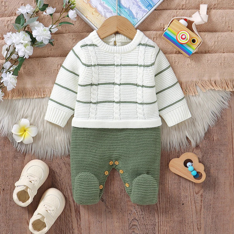Macacão de bebê de malha infantil recém-nascido macacão moda listrado pé envoltório quente menina menino criança roupas manga longa 0-9m macacão outono