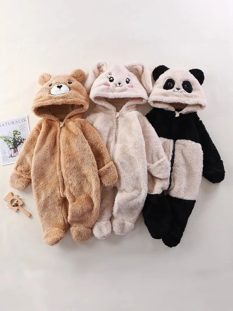 Macacão de inverno para bebês de 0 a 12 meses, urso de desenho animado, panda, infantil, meninas, macacão com capuz, pele doce, acolchoada, peça única