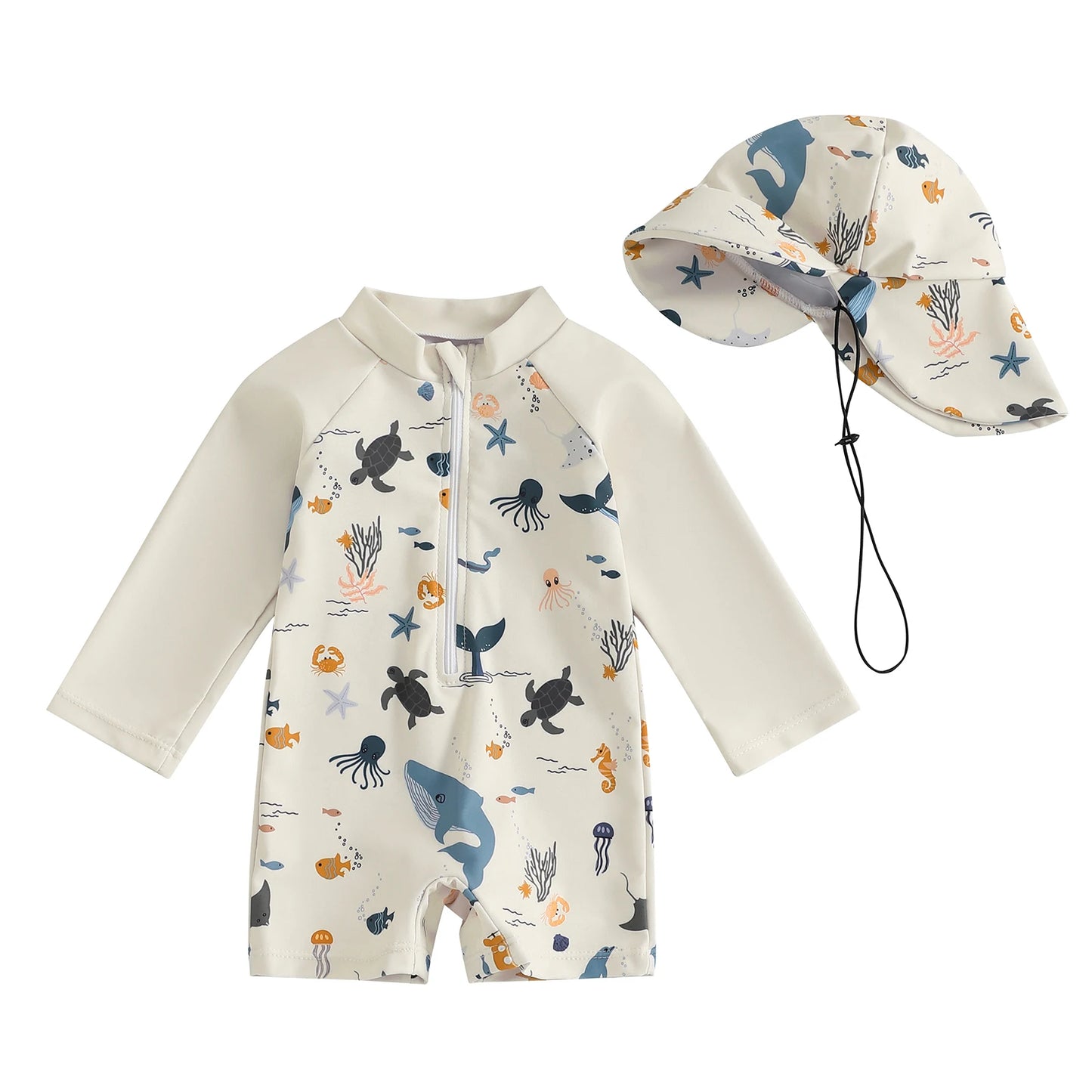 Tregren 0-3y crianças meninos manga longa roupa de banho casual animal marinho impressão zíper rash guard maiô e chapéu beachwear maiô