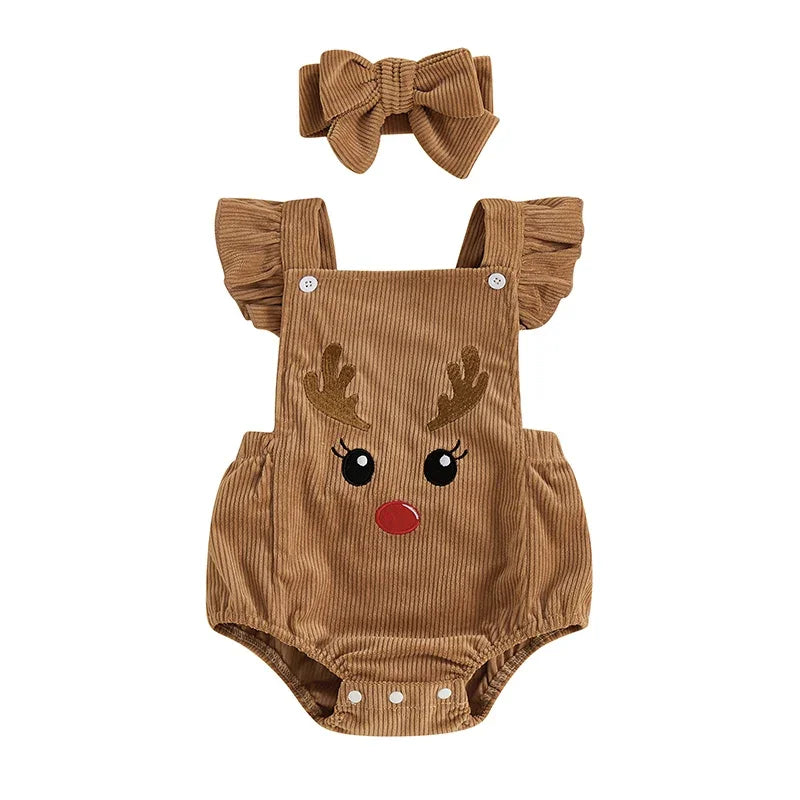 Bebê infantil menino menina macacão de natal adorável boneco de neve rena impressão mangas voadoras pescoço quadrado macacão com bandana