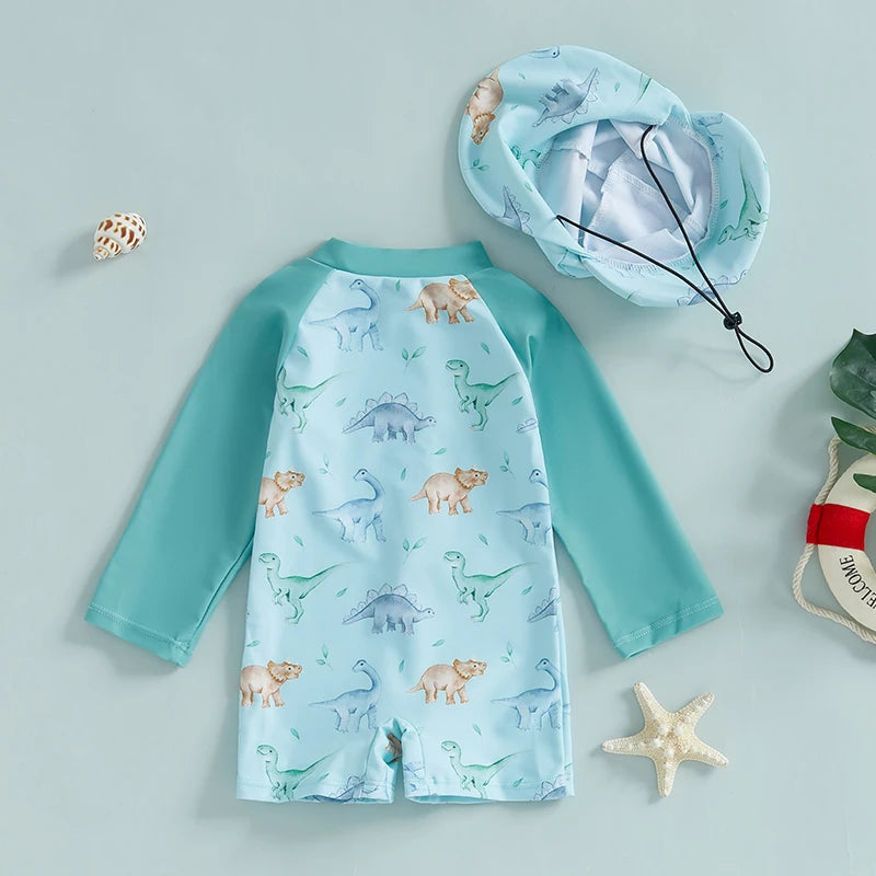 Crianças meninos verão roupa de banho casual dinossauro/criatura do mar impressão zíper rash guard maiô e chapéu beachwear maiô