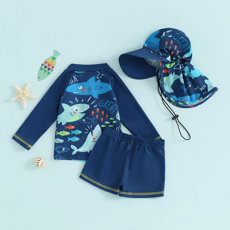 Roupa de banho para meninos de 0 a 5 anos, roupa de banho com estampa de peixe, manga comprida, tops com zíper + shorts + chapéus de balde, roupa de praia para crianças
