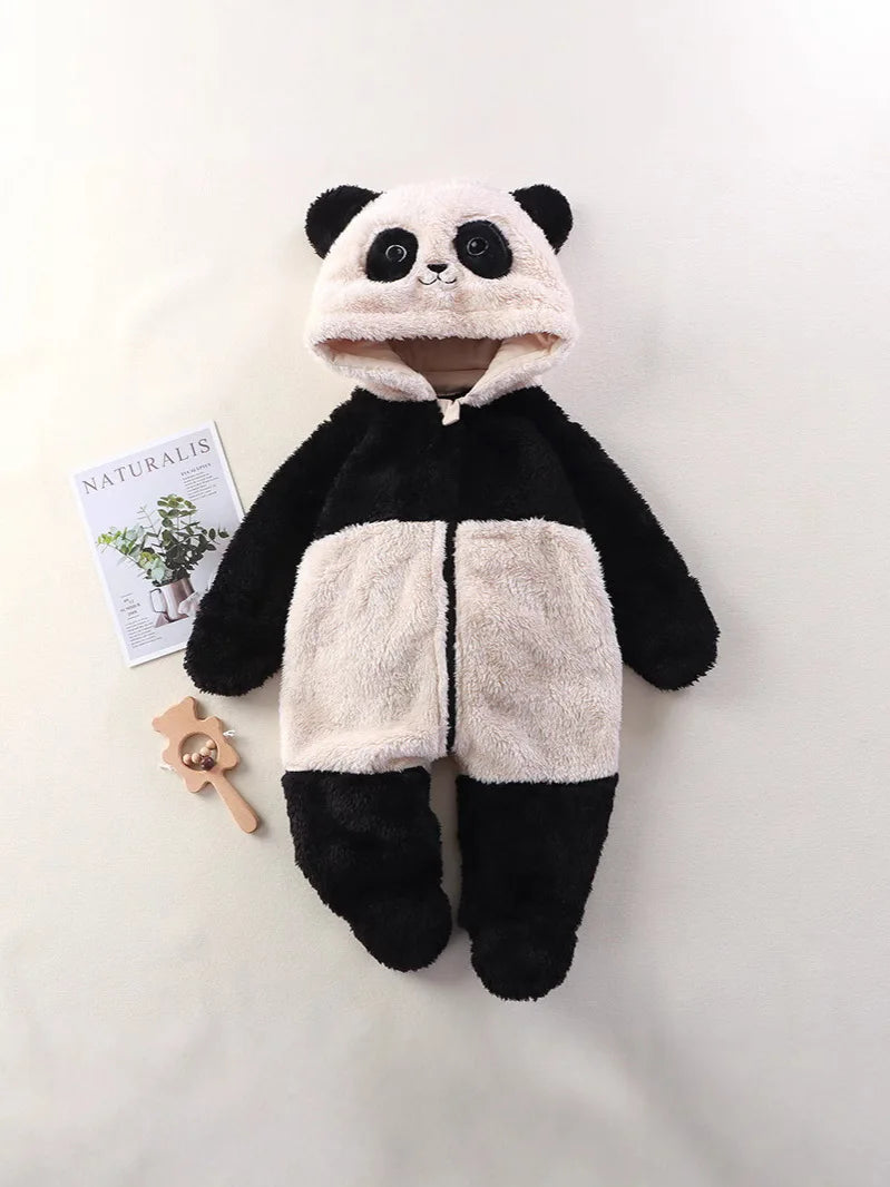 Macacão de inverno para bebês de 0 a 12 meses, urso de desenho animado, panda, infantil, meninas, macacão com capuz, pele doce, acolchoada, peça única