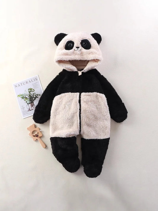 Macacão de inverno para bebês de 0 a 12 meses, urso de desenho animado, panda, infantil, meninas, macacão com capuz, pele doce, acolchoada, peça única